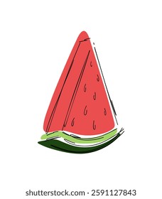 A slice of red watermelon, hand-painted, isolated on a white background. Colorful bright vector illustration, flat design. Delicious juicy summer dessert, berry, fruit. Sketch for decoration, design