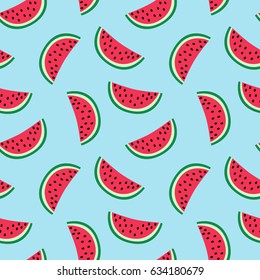 slice of red watermelon on a blue background pattern summer sweet seamless vector.