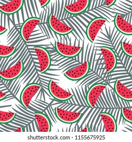 slice of red watermelon on a gray palm leaves background pattern summer exotic tropical fruit hawaii sweet seamless vector.