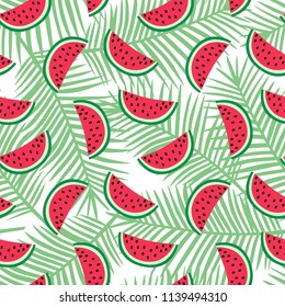 slice of red watermelon on a light green palm leaves background pattern summer exotic tropical fruit hawaii sweet seamless vector.