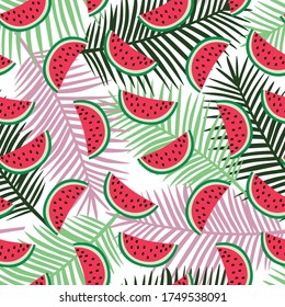 rote Wassermelone auf rosafarbenem, grünem und dunkelgrünem Palmenhintergrund Muster exotische tropische Früchte hawaii, nahtloser Vektorgrafik