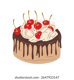 Slice of rich chocolate cake is topped with icing and a cherry, set against a solid transparent background, ideal for food illustrations and dessert-themed designs.