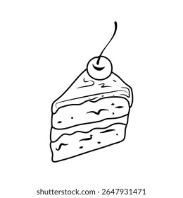 Slice of rich chocolate cake is topped with icing and a cherry, set against a solid transparent background, ideal for food illustrations and dessert-themed designs.