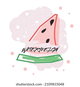 A slice of ripe watermelon drawn with lines. Ready-made print for textiles or names, signs. A vector image drawn in a flat style.