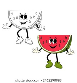 Slice of ripe watermelon in flat style. Watermelon character. Groovy character. Funny cartoon retro character watermelon in flat and doodle style.	
