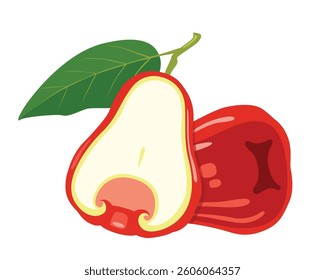 slice of rose apple with leaves isolated on white background.