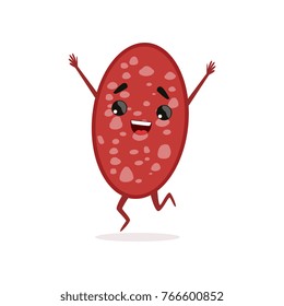 Slice of salami with hands, legs and happy face. Cartoon delicious meat character jumping with hands up. Flat vector design for kids menu, food pack or butcher store