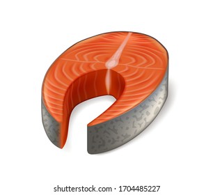 Trozo de salmón aislado de fondo blanco. Cocina del mar fresca y deliciosa. Ilustración vectorial realista del filete de salmón.