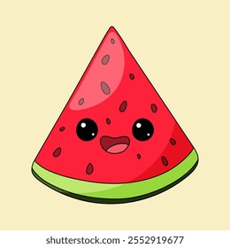 Slice of smiling watermelon. Fun colorful and fresh food. Vector illustration on a light background. For posters, advertising, children's books, clothing