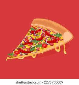 Slice of spicy Mexican pizza. Pizza with hot pepper, tomato, onion, sausage and cheese. Cartoon vector illustration.