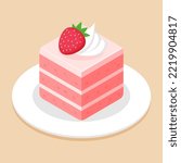 Slice of strawberry cake in cube shape on dish or plate. Delicious sweet dessert concept. Isometric food icon. Cute cartoon vector illustration. Graphic design element. Symbol of sweets. Cafe menu.