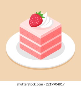 Slice of strawberry cake in cube shape on dish or plate. Delicious sweet dessert concept. Isometric food icon. Cute cartoon vector illustration. Graphic design element. Symbol of sweets. Cafe menu.