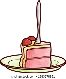 A slice of strawberry cake with a fork on it