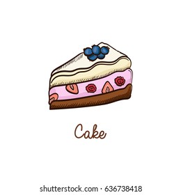 Slice of strawberry cake hand drawn colorful vector illustration. Cheesecake.