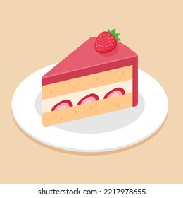 Slice of strawberry cake on topping with a strawberry on dish or plate. Delicious sweet dessert concept. Isometric food icon. Cute cartoon vector illustration. Symbol of sweets element. Cafe menu.