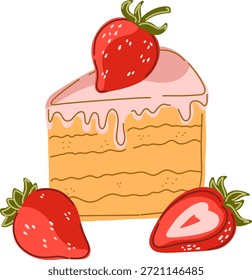 Una rebanada de pastel de fresa. Un conjunto de ilustraciones vintage dibujadas a mano. Acogedor estilo plano de dibujos animados mediterráneos. Elementos aislados, Paquete.