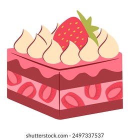 Slice of strawberry cake. Strawberry shortcake and whipped cream. A piece of cake for happy birthday.Sweet dessert.Fresh berries.Bakery creamy topping.Vector flat illustration.