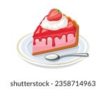 Slice of strawberry cake with whipped cream vector illustration. Sweet strawberry pie icon vector isolated on a white background. Piece of fruit cake on a plate drawing