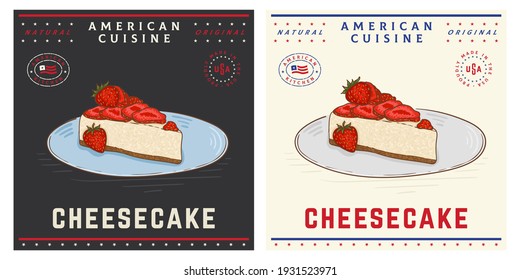 Slice of strawberry cheesecake vintage retro illustration