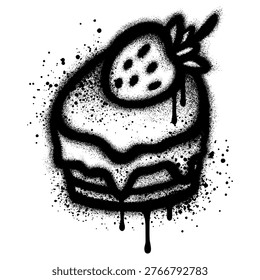 slice of strawberry cream cake in graffiti style with black spray paint.