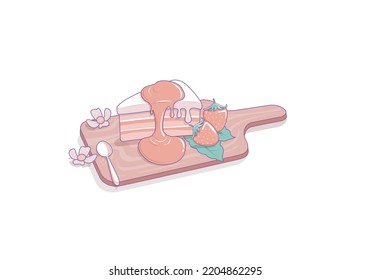 Slice of strawberry pie cake on wood cutting board delicious dessert on white background vector illustration
