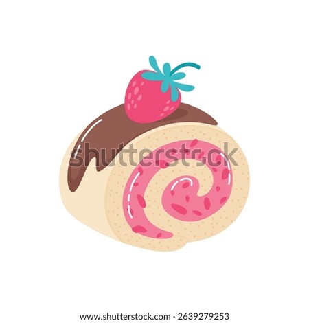 Slice of strawberry roll with berry cream and chocolate topping. Flat style sweet dessert vector illustration