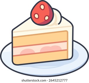 A slice of strawberry shortcake with whipped cream and strawberry topping, drawn in a soft and cute cartoon style.