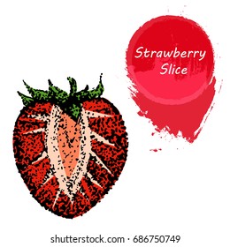 Slice of strawberry in the style of pointillism with a bright color silhouette. Half of the cut fruit with a bright color spot with the inscription - Vector Illustration