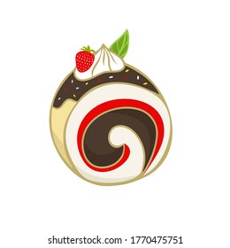 Slice of Strawberry Swiss Roll Cake Vector flat Illustration. Roll Cake with chocolate flavors. Element bakery design for advertising, paper, and more.
