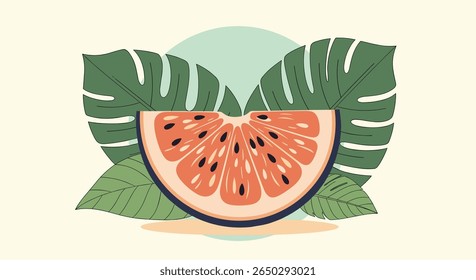 A Slice of Summer Freshness Watermelon and Tropical Leaves Graphic Design Illustration