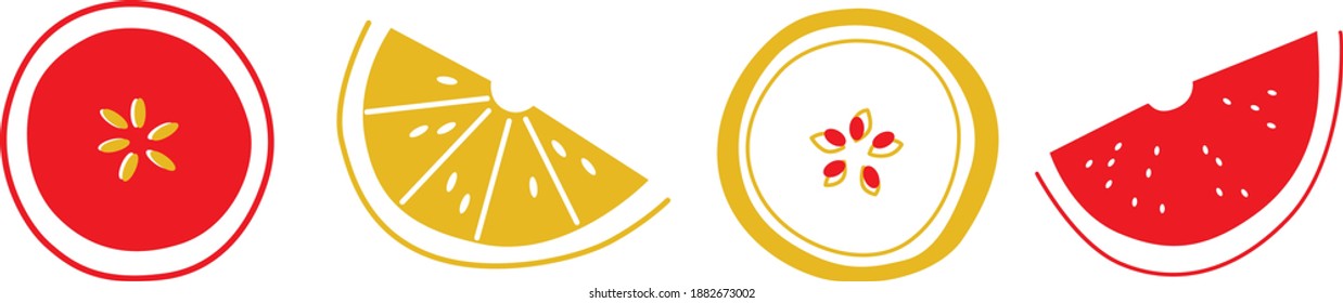 Slice summer fruits vector illustration. Apple, pear, tangerine abstract art. Red yellow print tropical fruits. Horizontal banner. Simple nature illustration.