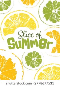 Slice of Summer Typography Poster with stamped lemon, lime, and orange fruit slices in retro linocut style.