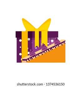 slice sweet cake of birthday with gift box