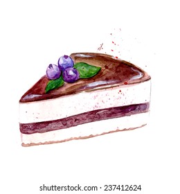 Slice of sweet cake with chocolate icing and blueberry. Vector watercolor dessert illustration.