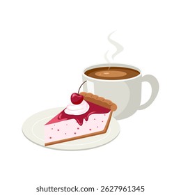 Slice of sweet cherry cheesecake with  a cup of coffee.National Cherry Cheesecake Day.  Cup of espresso coffee.Vector illustration