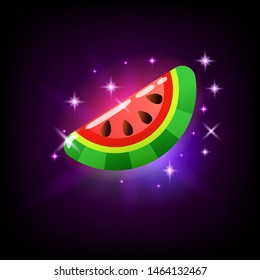 Slice of sweet ripe pink glossy watermelon, slot icon for online casino or logo for mobile game on dark purple background, vector illustration