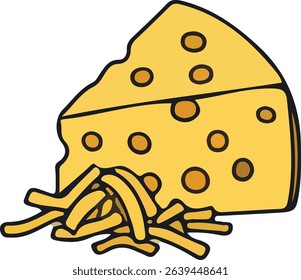 A slice of Swiss cheese with holes is topped with a mound of grated cheese.