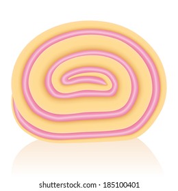 Slice of a swiss roll cake filled with raspberry cream.