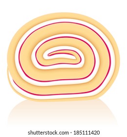 Slice of a swiss roll cake filled with white and red cream.