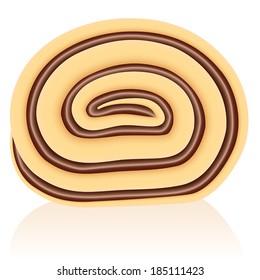 Slice of a swiss roll cake filled with chocolate cream.