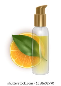 Slice of tangerine with a jar of oil on a white background, Bottle of essential aroma oil on orange slice, fresh leaves on white background, Vector EPS 10 illustration