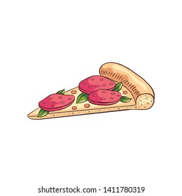 Slice of tasty pepperoni pizza, with cutted sausage and leafs