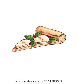 Slice of tasty pizza with mozzarella cheese and green leafs