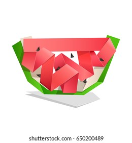 Slice of tasty watermelon made of crumpled red, white and green strips. Origami paper sweet watermelon. Vector illustration.