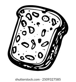 Slice of toast bread hand drawn doodle. Baked bun. Bakery. Loaf. Wheat dough pie. Sweet food. Cut off piece. Homemade pastry. Sugar biscuit dessert. Vector sketch line art illustration.