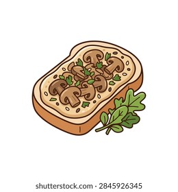 A slice of toasted bread topped with savory mushrooms and fresh herbs, accompanied by a sprig of arugula.
