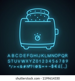 Slice toaster with toast neon light icon. Bread toaster. Kitchen appliance. Glowing sign with alphabet, numbers and symbols. Vector isolated illustration