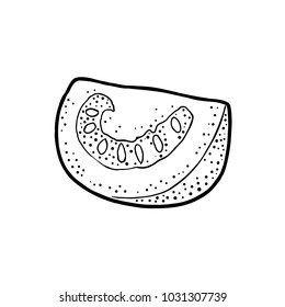 Slice tomato. Engraving vintage vector black illustration. Isolated on white background. Hand drawn design element for label and poster
