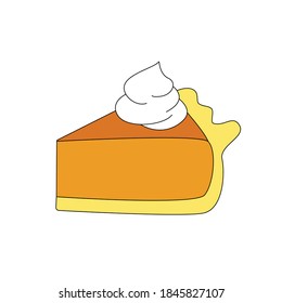 Slice of traditional American Thanksgiving dessert pumpkin pie with whipped cream on top. Holiday pastry baking festive dinner concept