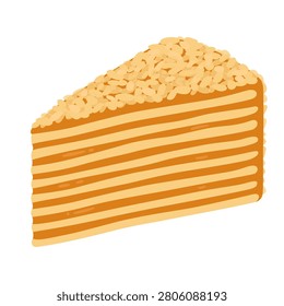 Slice of traditional Chilean Torta Mil Hojas cake. Mille-feuille pastry with many thin layers and dulce de leche (manjar) filling. Flat cartoon vector illustration.